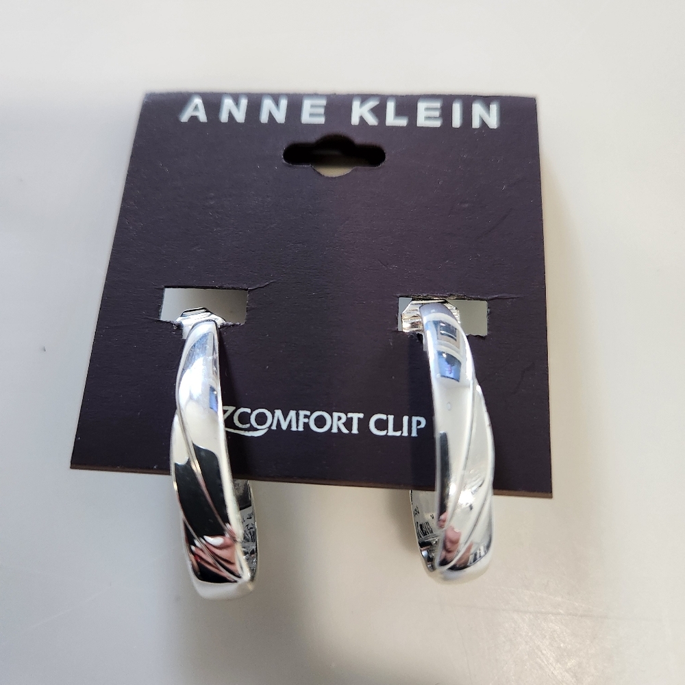 Anne Klein Ezcomfort Clip Silver Tone Hoop Earrings